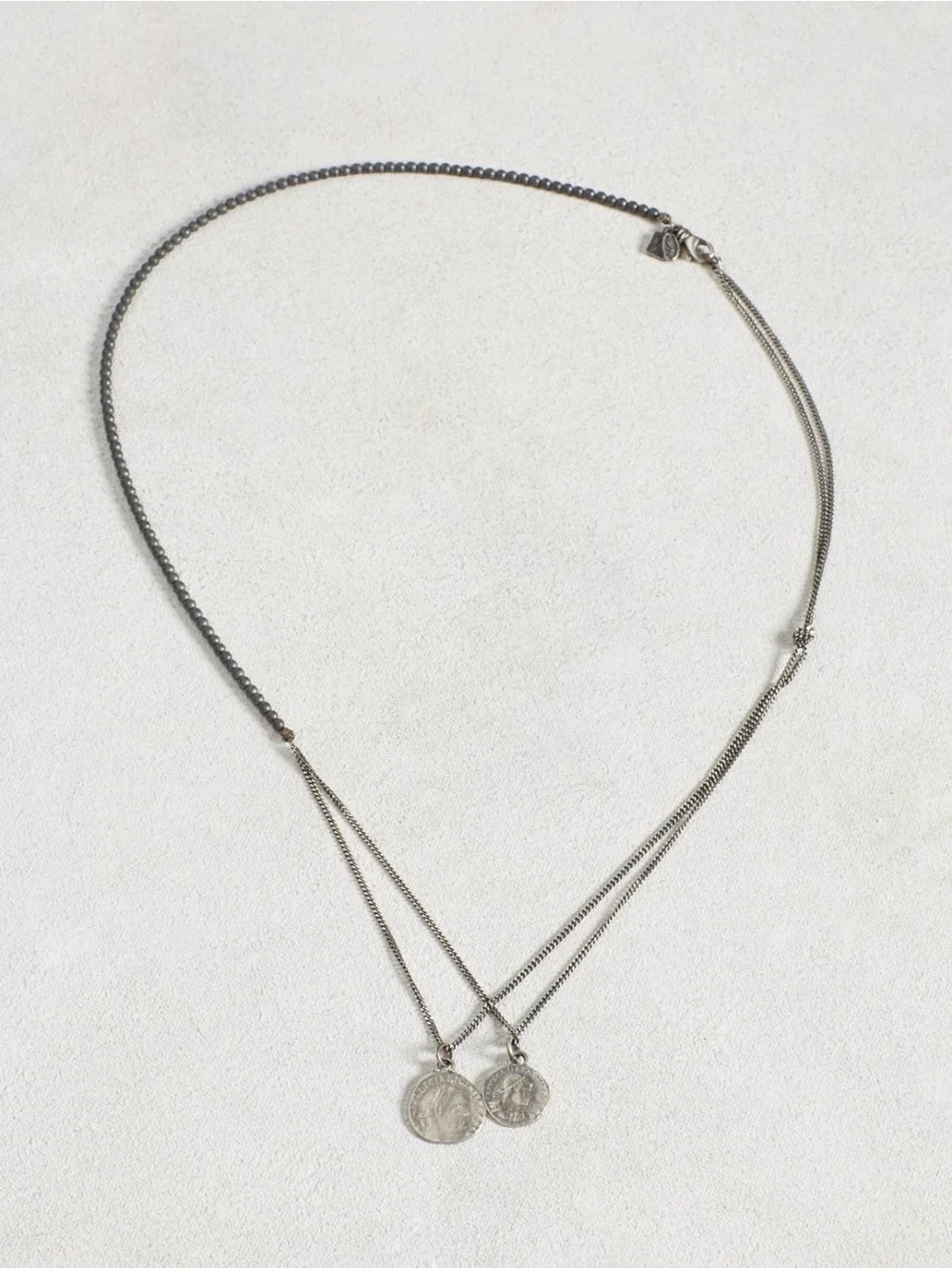 John Varvatos x M. Cohen Hematite Beaded Silver Chain Coins Necklace